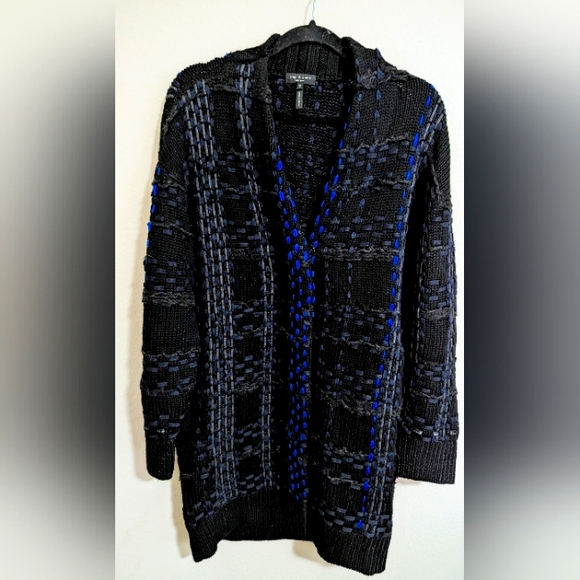 Rag & Bone Dawson Chunky Wool Knit Ribbon Cardigan Coat Black + Blue - Picture 5 of 7